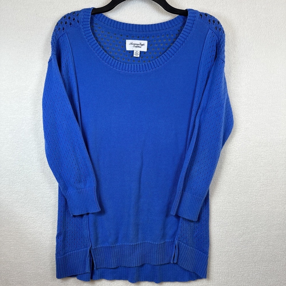 American Eagle Blue Cotton Pointelle Knit Pullover Sweater Womens S Scoop Neck